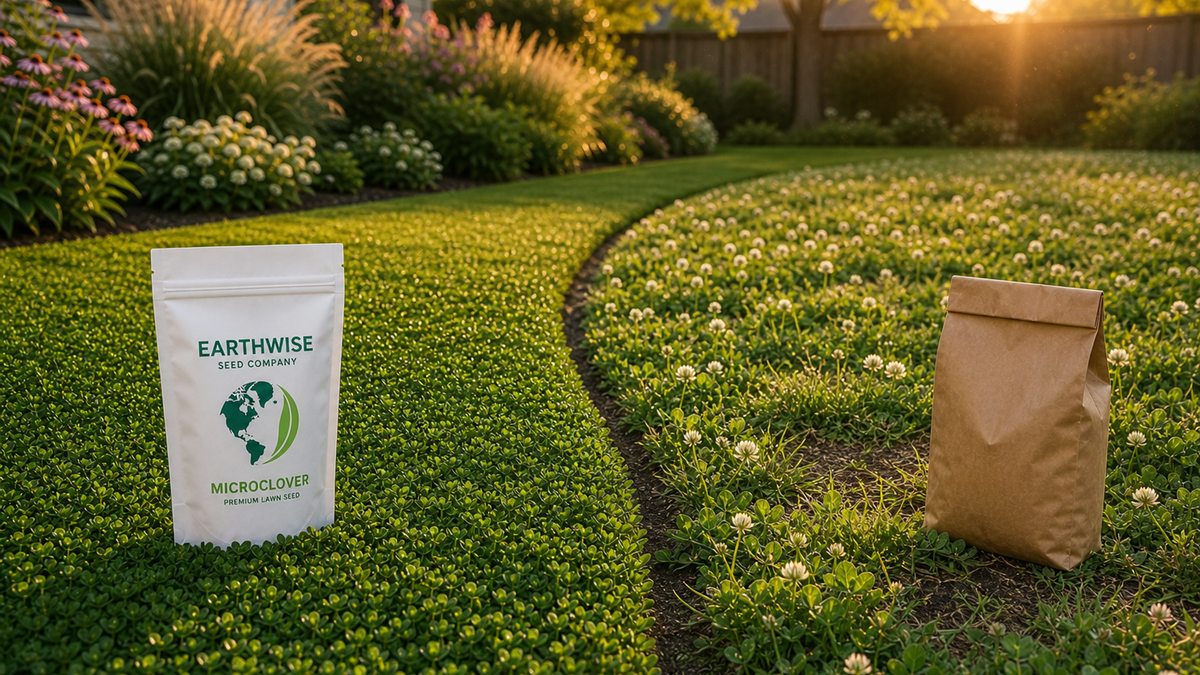 Home lawn showing a tidy Microclover and fine‑fescue blend on one side and a taller, bloom‑rich clover patch on the other, with a seed tag and handful of pure seed in the foregroun