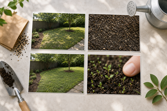 A simple 2x2 collage showing: a wide yard overview, a close soil close‑up with visible seed-to-soil contact, a ruler for scale in new sprouts, and a weekly progress shot from the s