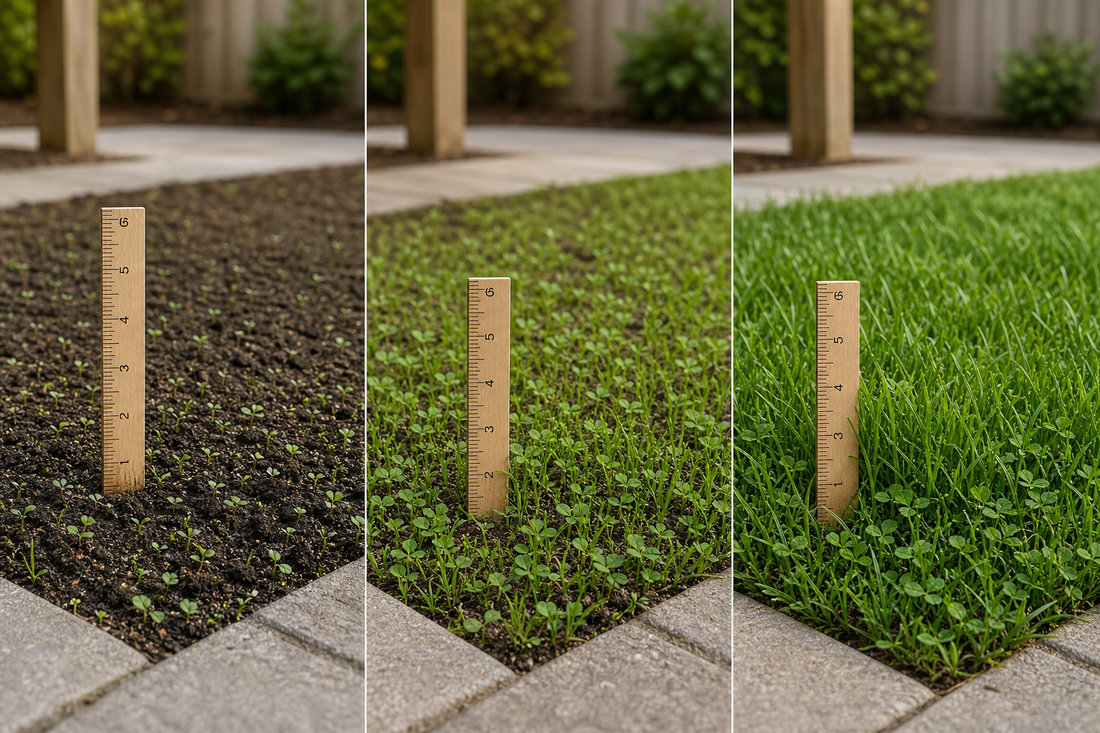 Side‑by‑side photos of the same yard at Day 7, Day 21, and Day 45 showing germination, fill‑in, and early mowing height for a new eco‑friendly lawn.