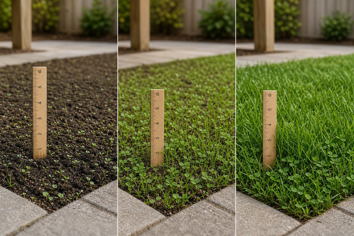 Side‑by‑side photos of the same yard at Day 7, Day 21, and Day 45 showing germination, fill‑in, and early mowing height for a new eco‑friendly lawn.