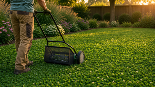 A cheerful homeowner kneeling beside a native wildflower border and a low‑mow fine‑fescue lawn, representing Earthwise Seed’s mixes.