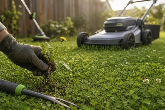 Close-up of a young alternative lawn with mixed fine fescue and clover, showing a hand high-mowing above emerging wildflower seedlings while skipping a broadleaf weed.