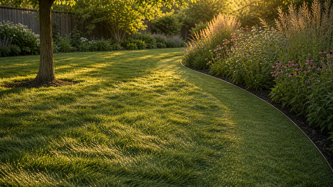 Close view of fine fescue blades forming a soft, low‑mow lawn with a neat mowed edge next to a path—sunlit in the foreground and dappled shade under a tree.