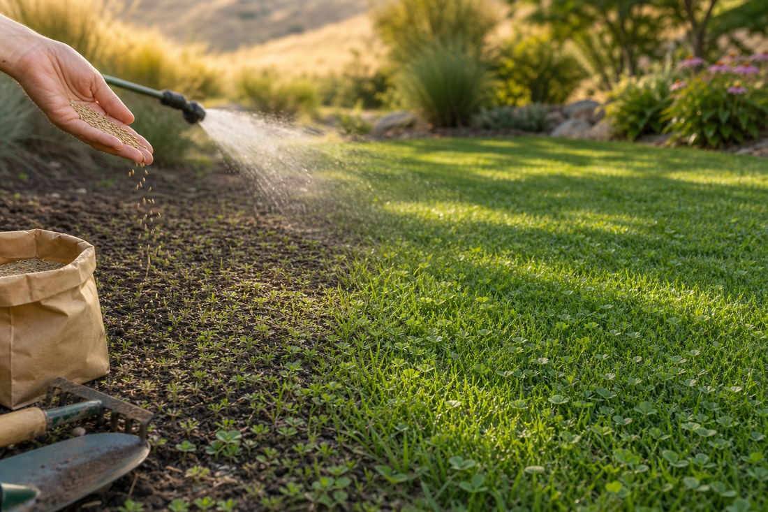 A mature, drought‑friendly alternative lawn in late summer featuring fine fescue and microclover staying green with minimal irrigation.