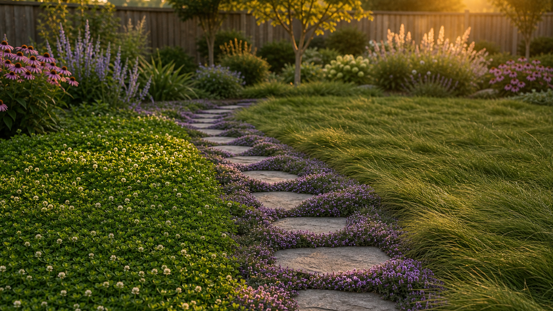 A welcoming front yard showing three zones: clover lawn, a strip of blooming creeping thyme along a walkway, and a tidy native low‑mow grass mix.
