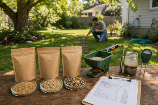 Homeowner photographing a sunny and shady yard area with notes on sun, soil, and traffic to prepare for Earthwise Seed’s Match My Yard recommendation.