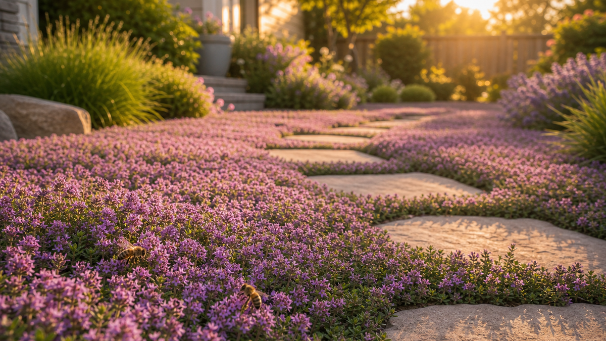A front yard planted with creeping thyme in full bloom, dotted with stepping stones and visited by bees.
