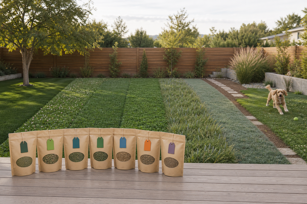Side-by-side backyard plots comparing EcoSeed, Low Grow, Ultimate Clover, Microclover, TrueGrass, FireGuard, and PetLawn alternative lawn mixes in sun and partial shade.
