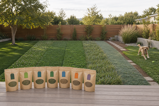 Side-by-side backyard plots comparing EcoSeed, Low Grow, Ultimate Clover, Microclover, TrueGrass, FireGuard, and PetLawn alternative lawn mixes in sun and partial shade.