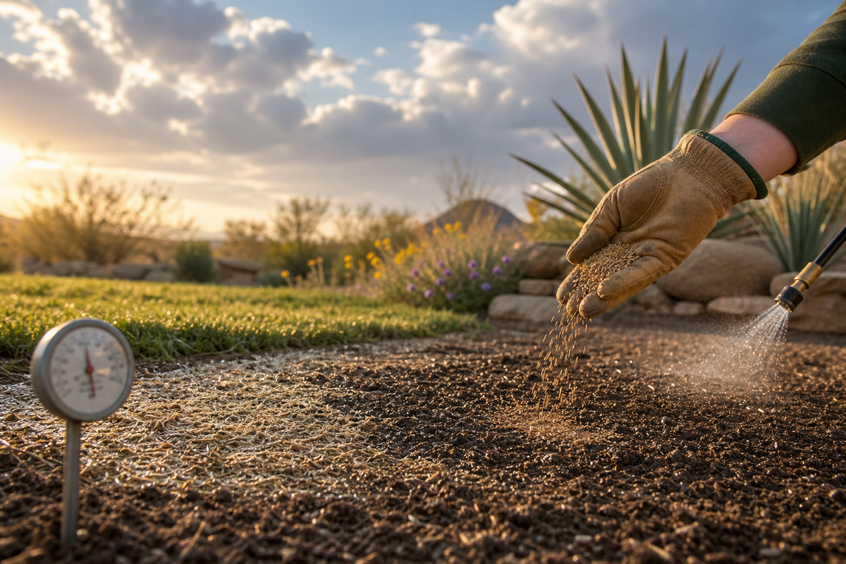 A freshly seeded native lawn in the Southwest at golden hour, with a light mulch layer protecting seed in dry, sandy soil.