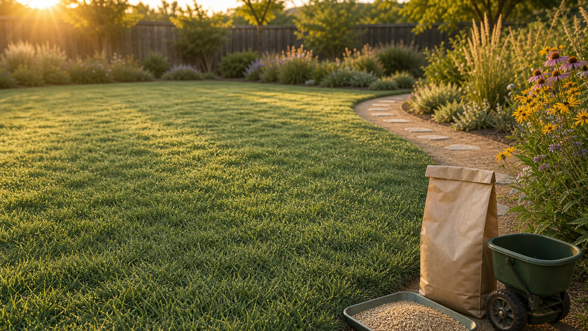 Close view of a drought‑tolerant native lawn thriving in full sun, with soft seedheads and scattered wildflowers along a sunlit path.