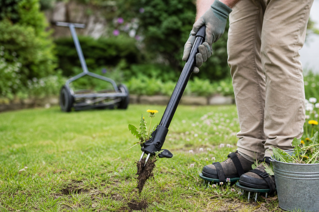 Homeowner using a stand-up claw weeder to remove a dandelion from a thin lawn before overseeding.