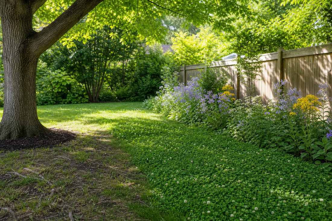 A backyard with dappled tree shade showing a flowing no‑mow patch, a clover lawn strip, and a shady wildflower border.