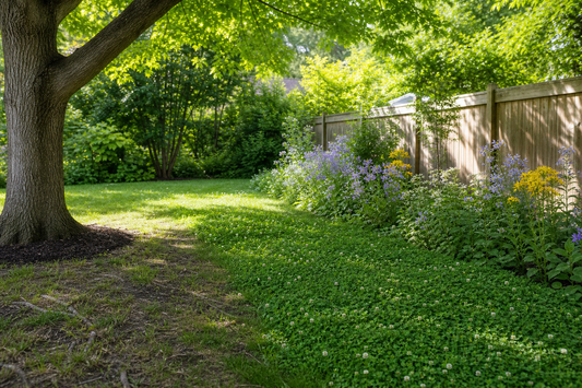 A backyard with dappled tree shade showing a flowing no‑mow patch, a clover lawn strip, and a shady wildflower border.