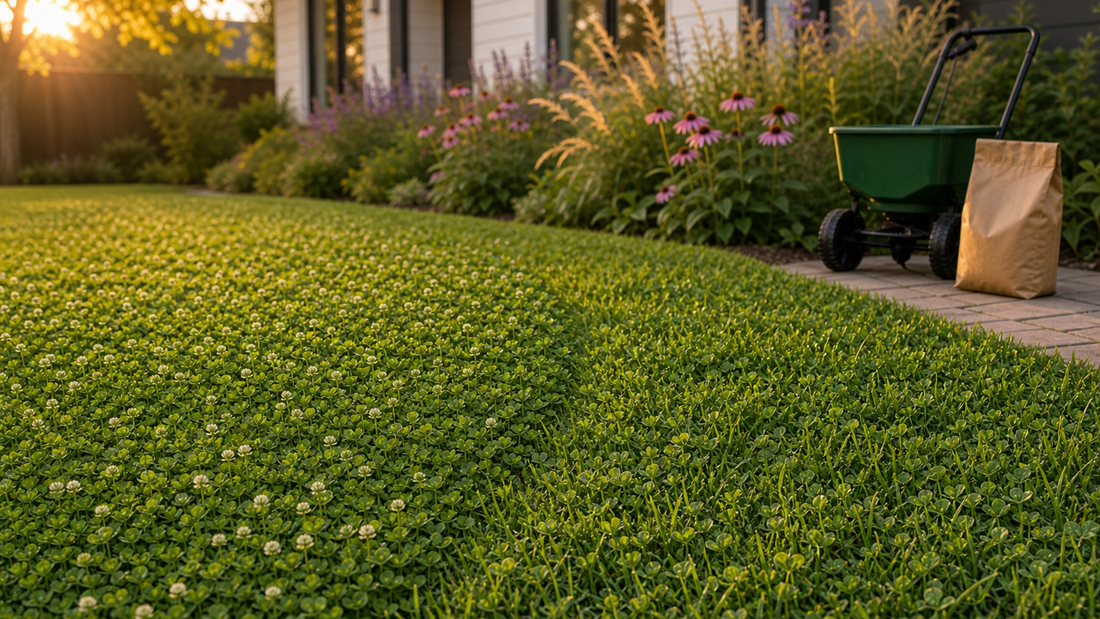 A homeowner’s yard divided into two panels—pure microclover on one side and a microclover‑and‑fine‑fescue mix on the other—to highlight look and texture differences.