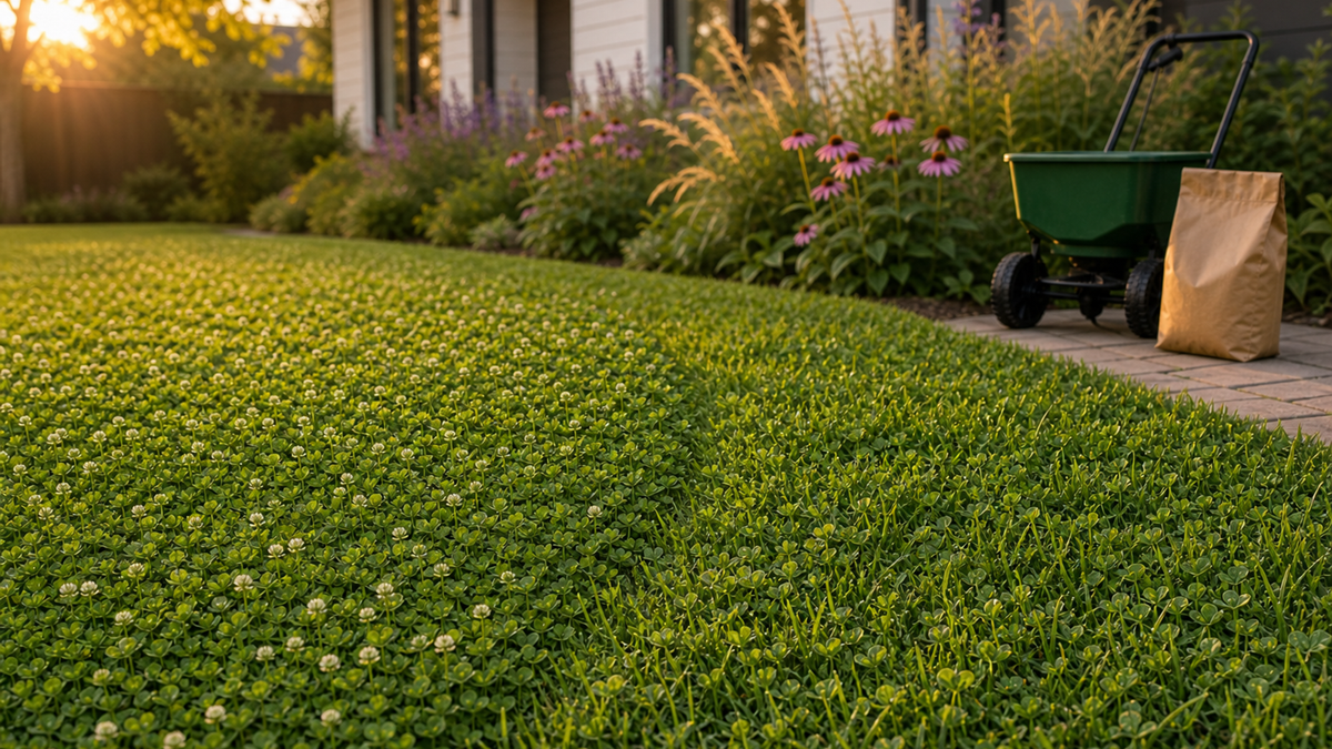 A homeowner’s yard divided into two panels—pure microclover on one side and a microclover‑and‑fine‑fescue mix on the other—to highlight look and texture differences.