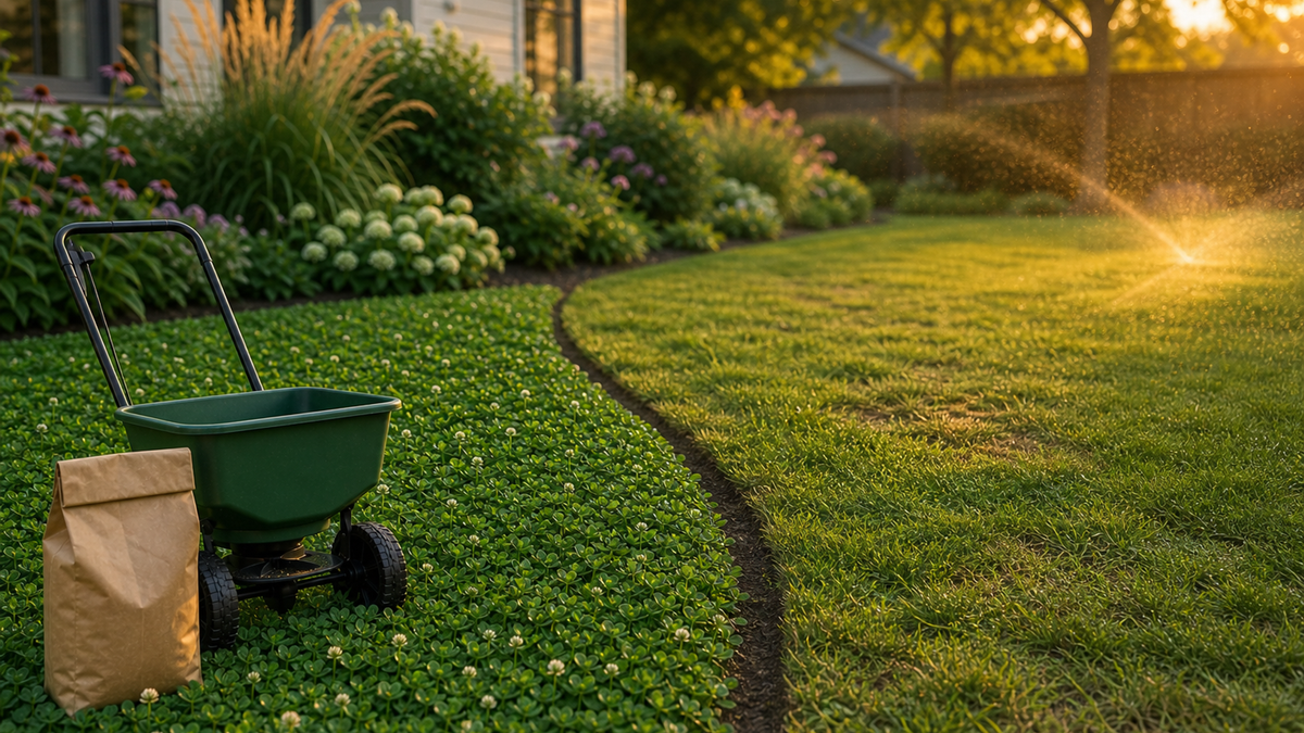Eco-friendly fine fescue and native lawn side by side with a mower parked nearby, showing the contrast between low‑mow specialty seed and a conventional, closely cut lawn.