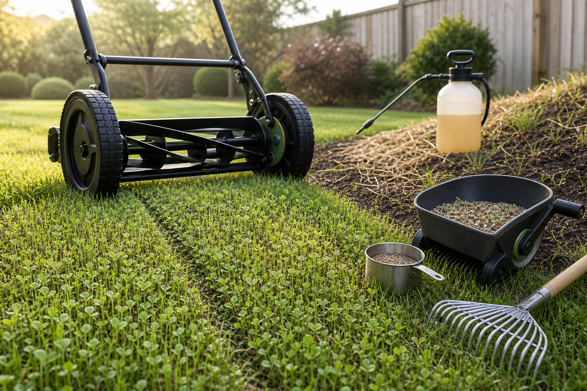 A homeowner gently raking a dense cluster of new seedlings to thin coverage, with a hand spreader and seed bag set aside for measured reseeding.