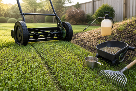 A homeowner gently raking a dense cluster of new seedlings to thin coverage, with a hand spreader and seed bag set aside for measured reseeding.