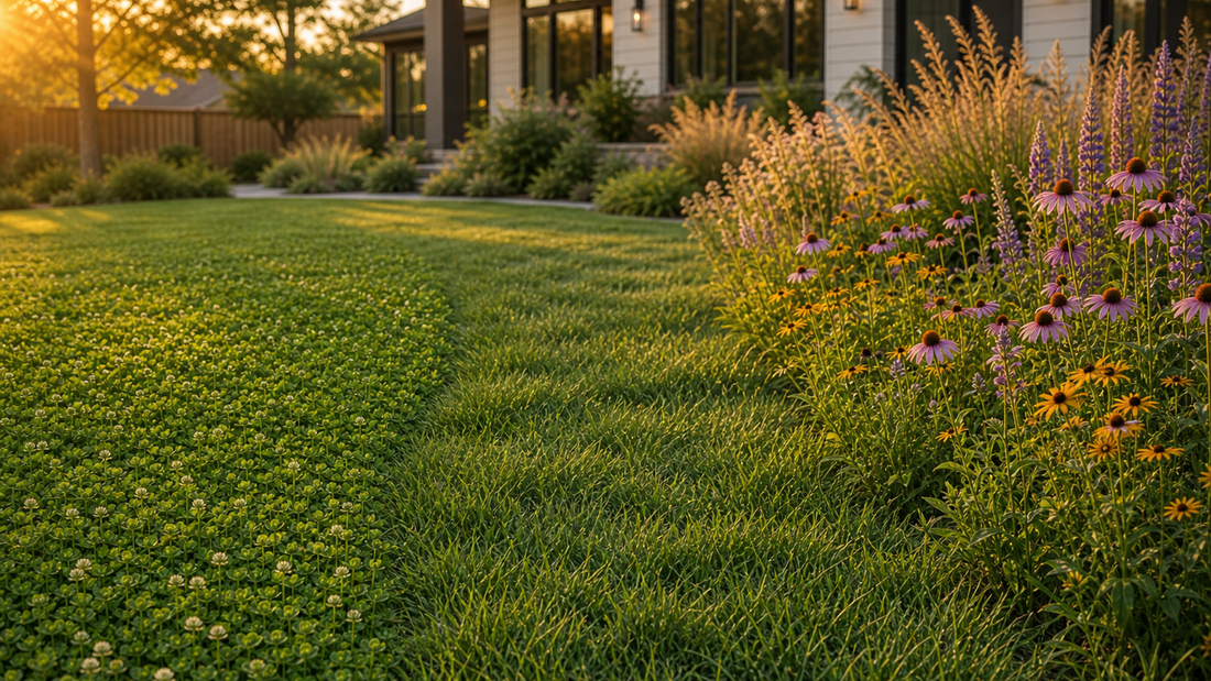 Home landscape split into three zones: a tidy microclover lawn near the patio, a colorful wildflower meadow along the fence, and a low‑mow native lawn flowing around a shade tree.