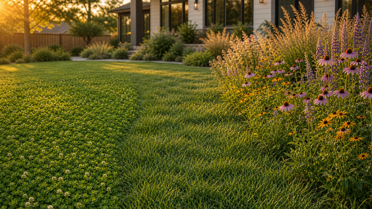 Home landscape split into three zones: a tidy microclover lawn near the patio, a colorful wildflower meadow along the fence, and a low‑mow native lawn flowing around a shade tree.