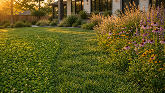 Home landscape split into three zones: a tidy microclover lawn near the patio, a colorful wildflower meadow along the fence, and a low‑mow native lawn flowing around a shade tree.