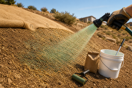 A dry, south‑facing slope seeded with a native lawn mix and stabilized with straw mulch; close‑up shows seed held in place with tackifier after a light watering.