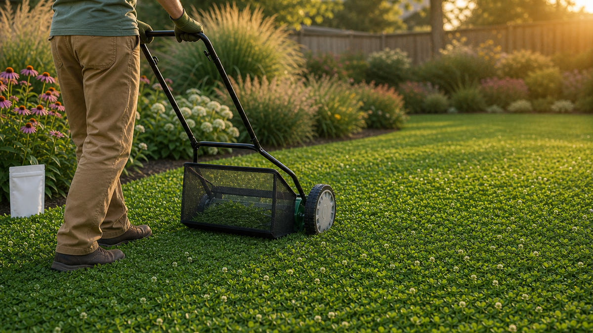 A calm, minimal‑mow backyard with a short fine‑fescue section blending into a clover-forward no‑mow strip, edged by native perennials and a shaded seating area.