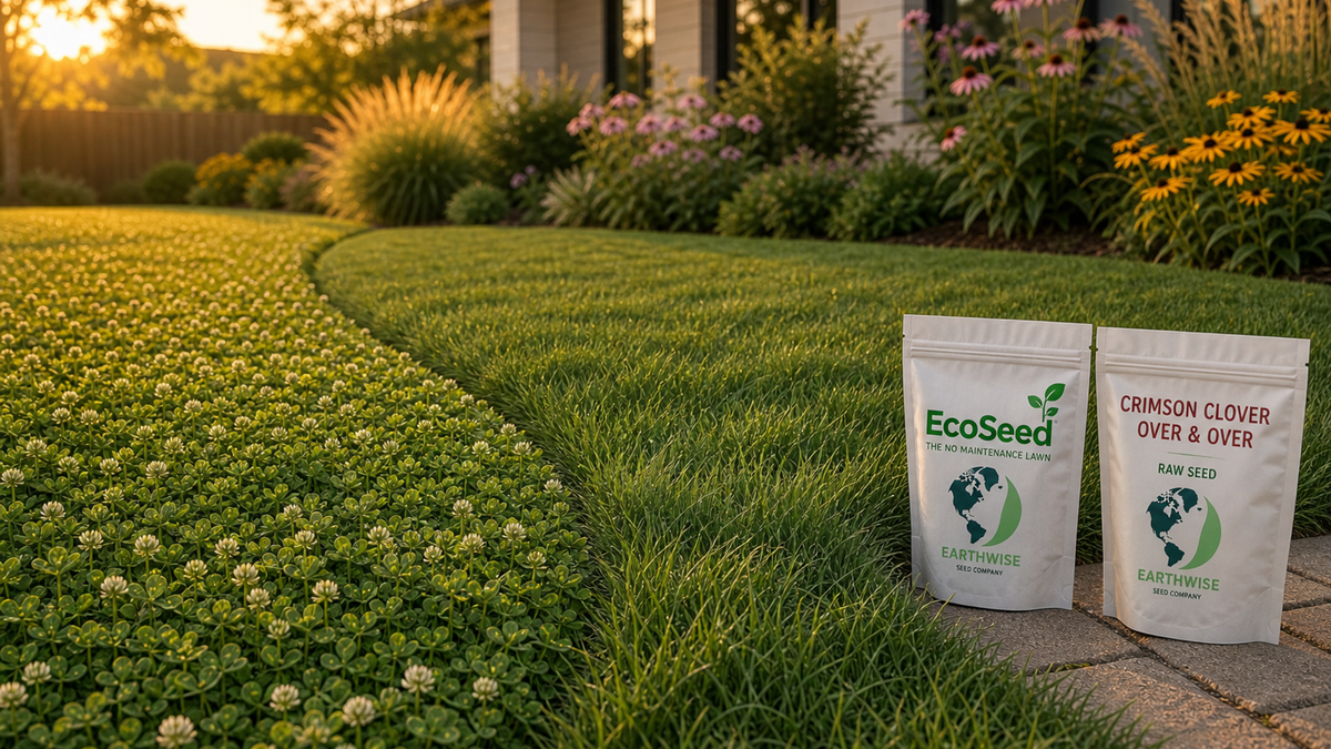 A half-and-half yard showing a clover lawn in bloom beside a fine fescue lawn, with a child and dog on the fescue side for scale.