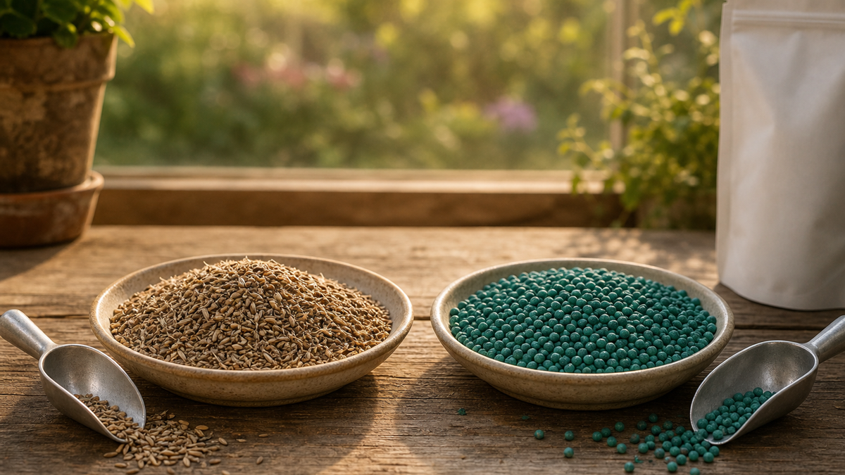A side-by-side macro shot of uncoated and coated seed on a seed tag, highlighting purity and germination numbers.