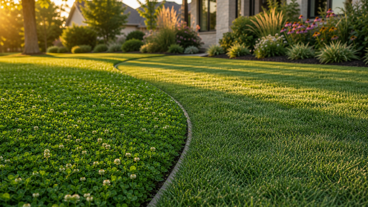 A split-yard scene comparing a clover‑forward lawn and a traditional grass lawn, with a child tossing a ball to Teddy the dog on the greener clover side.