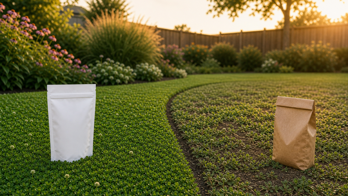 A small front lawn in the U.S. planted with a clover‑forward blend, showing dense green coverage, a clean edging strip, and a child and dog walking across the soft surface.