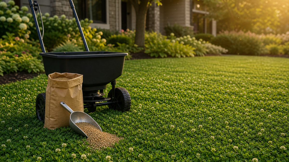 Backyard view of a dense, dark‑green microclover lawn bordered by a path and flower beds, with a child and dog playing—tiny leaves visible after a fresh mow.