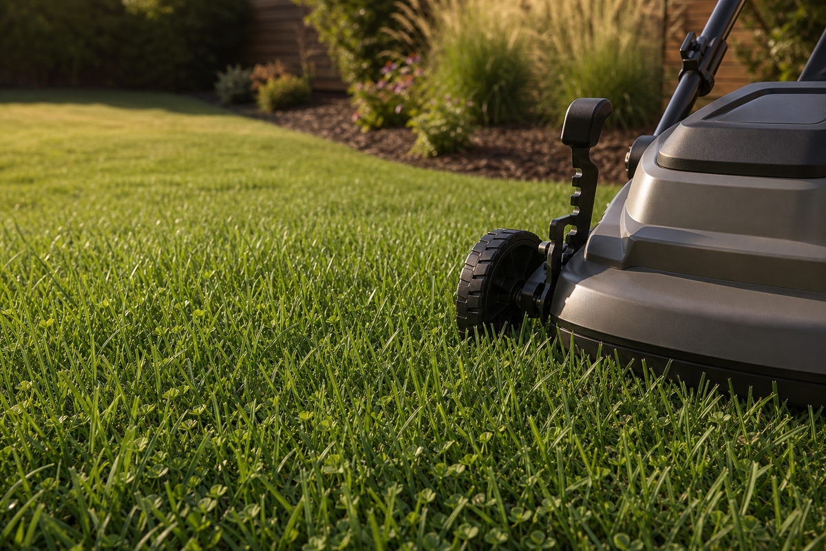 Close view of a lawn mowed at 3.5–4 inches casting shade on the soil surface, with a simple mower showing a raised deck position.