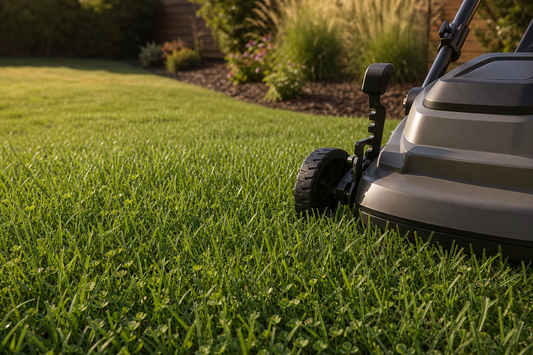 Close view of a lawn mowed at 3.5–4 inches casting shade on the soil surface, with a simple mower showing a raised deck position.