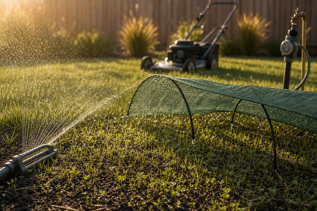 Home lawn in partial shade with young sprouts and a hose nearby, heat shimmer in the distance, showing light morning watering to protect seedlings.