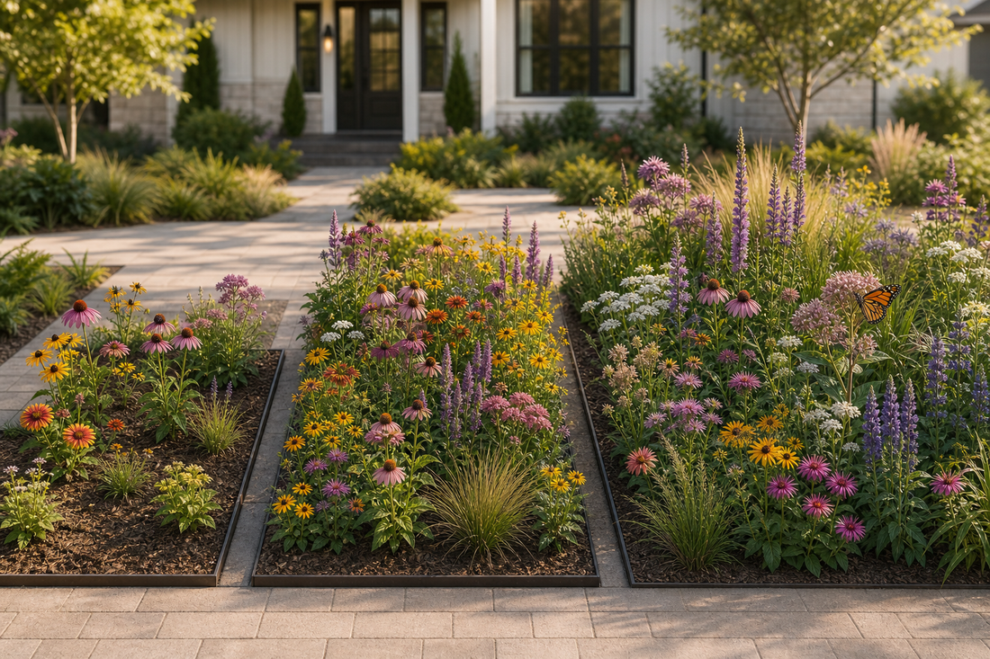 Three side‑by‑side mini meadows showing $50, $100, and $250 budgets: a small curb‑strip patch, a front‑yard border, and a larger backyard meadow in full bloom.