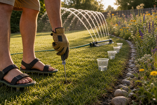 Close view of a hose-end sprinkler delivering a deep, even soak to newly seeded soil with visible moisture sheen—not puddling—on a mild morning.