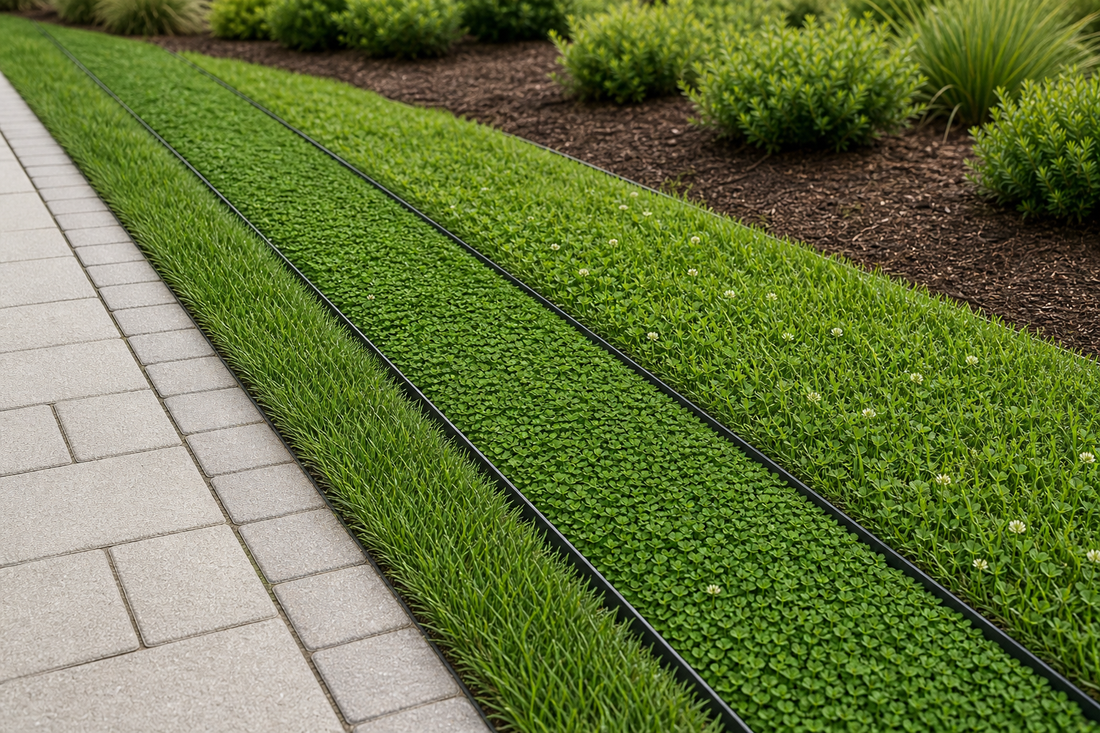 A clean, crisp mowing strip bordering a walkway with a low, fine-textured EcoSeed/Low Grow lawn and a microclover accent along a native flower bed.