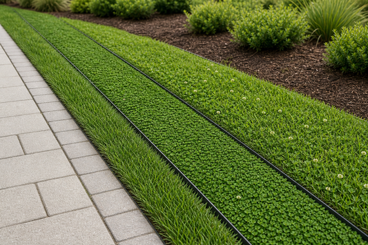 A clean, crisp mowing strip bordering a walkway with a low, fine-textured EcoSeed/Low Grow lawn and a microclover accent along a native flower bed.