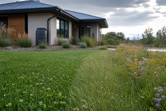 A rain‑fed, low‑mow native-and-fine‑fescue lawn beaded with raindrops after a spring shower, no irrigation lines in sight.
