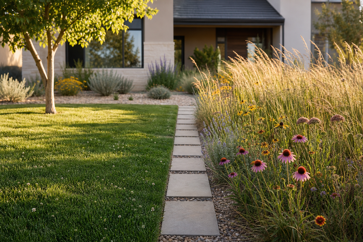 Side‑by‑side backyard: left is a soft, low‑growing fine‑fescue lawn kept taller for drought; right is a native meadow strip with little bluestem and summer wildflowers, both surviv