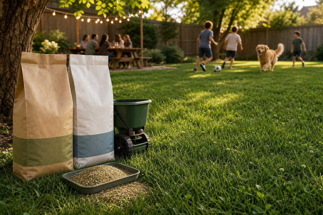 Kids and a dog playing on a durable grass-and-clover backyard lawn with party seating set up on the patio