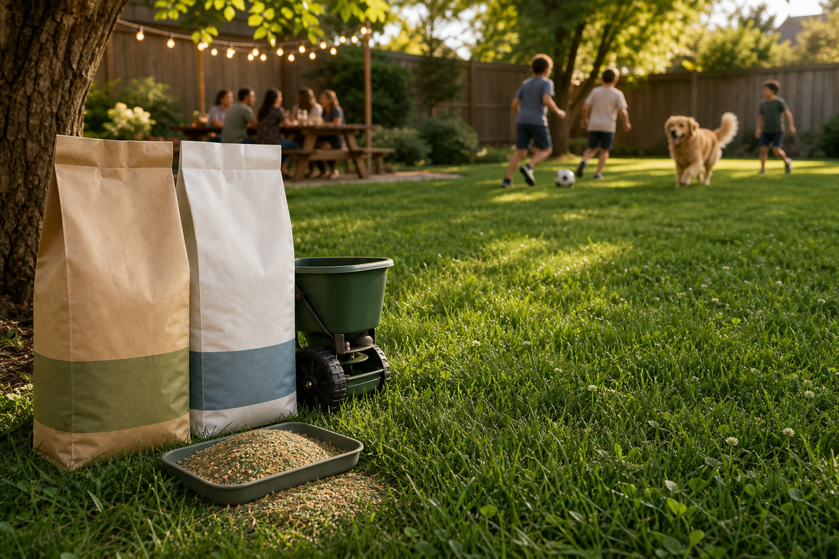 Kids and a dog playing on a durable grass-and-clover backyard lawn with party seating set up on the patio
