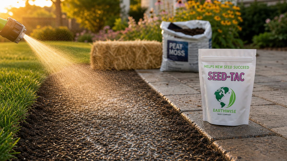 Homeowner applying Seed-Tac on a gentle slope, with a light layer of straw visible and new seedlings emerging evenly across the soil.
