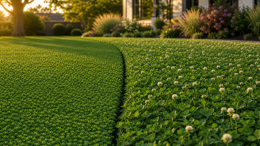 Close view of microclover interplanted with fine fescue on the left and a flowering white clover patch on the right, both freshly mowed and kid‑friendly.