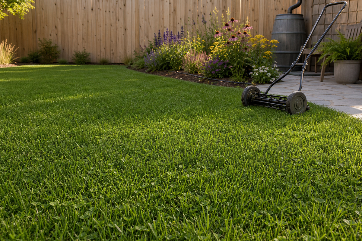 Close view of a low‑mow fine fescue and microclover lawn with tidy edges near a front walk, shown pre‑bloom to minimize allergens.
