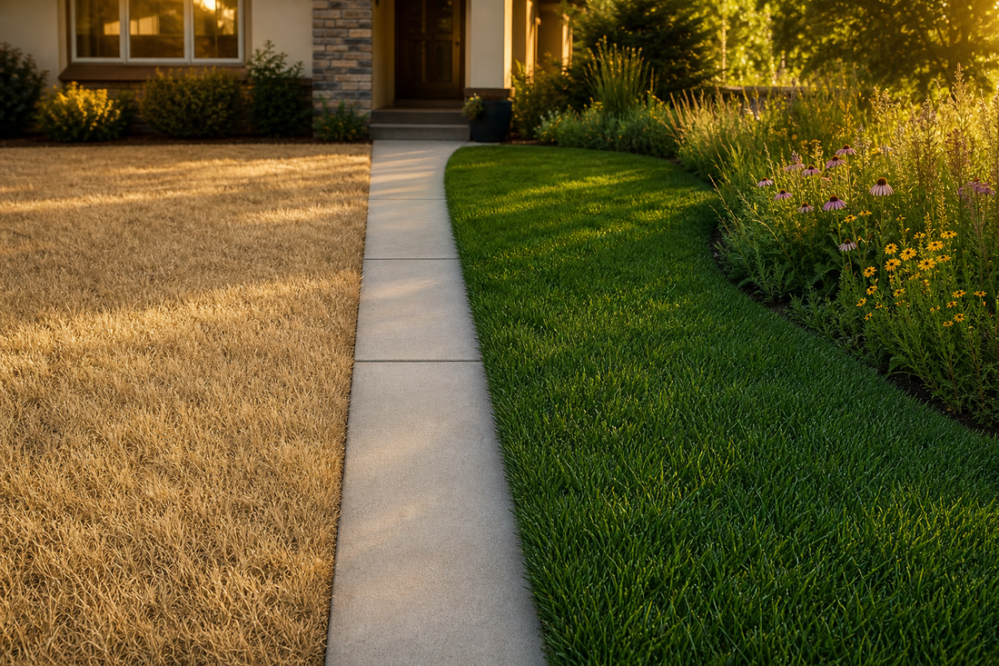 Close-up of a cool-season lawn in midsummer showing tan dormant patches beside still-green fine fescue, with a hand checking soil moisture.