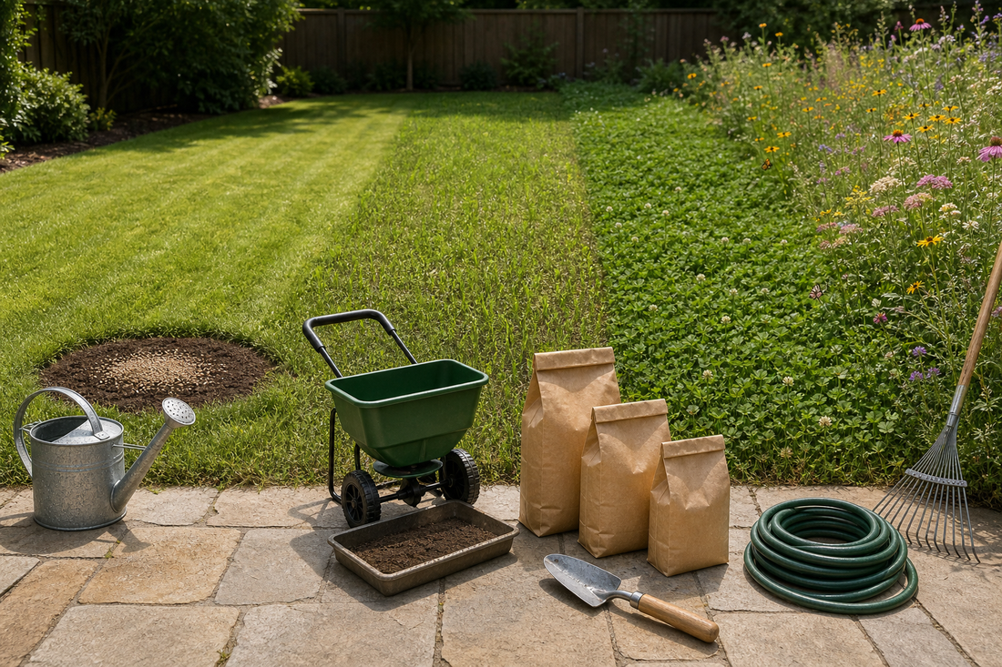 A side‑by‑side collage showing a quick weekend patch repair, a one‑month overseeded lawn, and a season‑long native meadow in bloom.