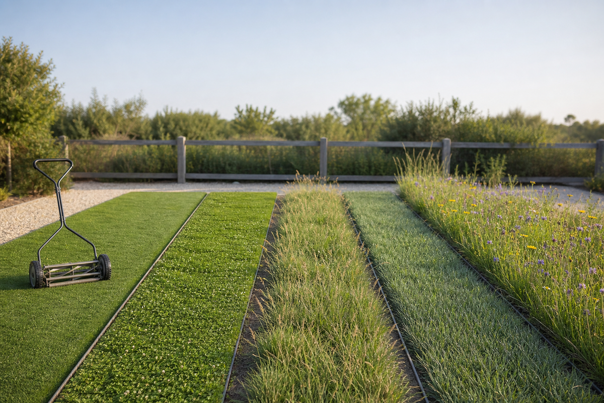 Side‑by‑side comparison plots showing EcoSeed fine fescue, Low Grow No‑Mow, Ultimate Clover, and a Meadowscaping mix, each cut at its suggested mow height with labels.